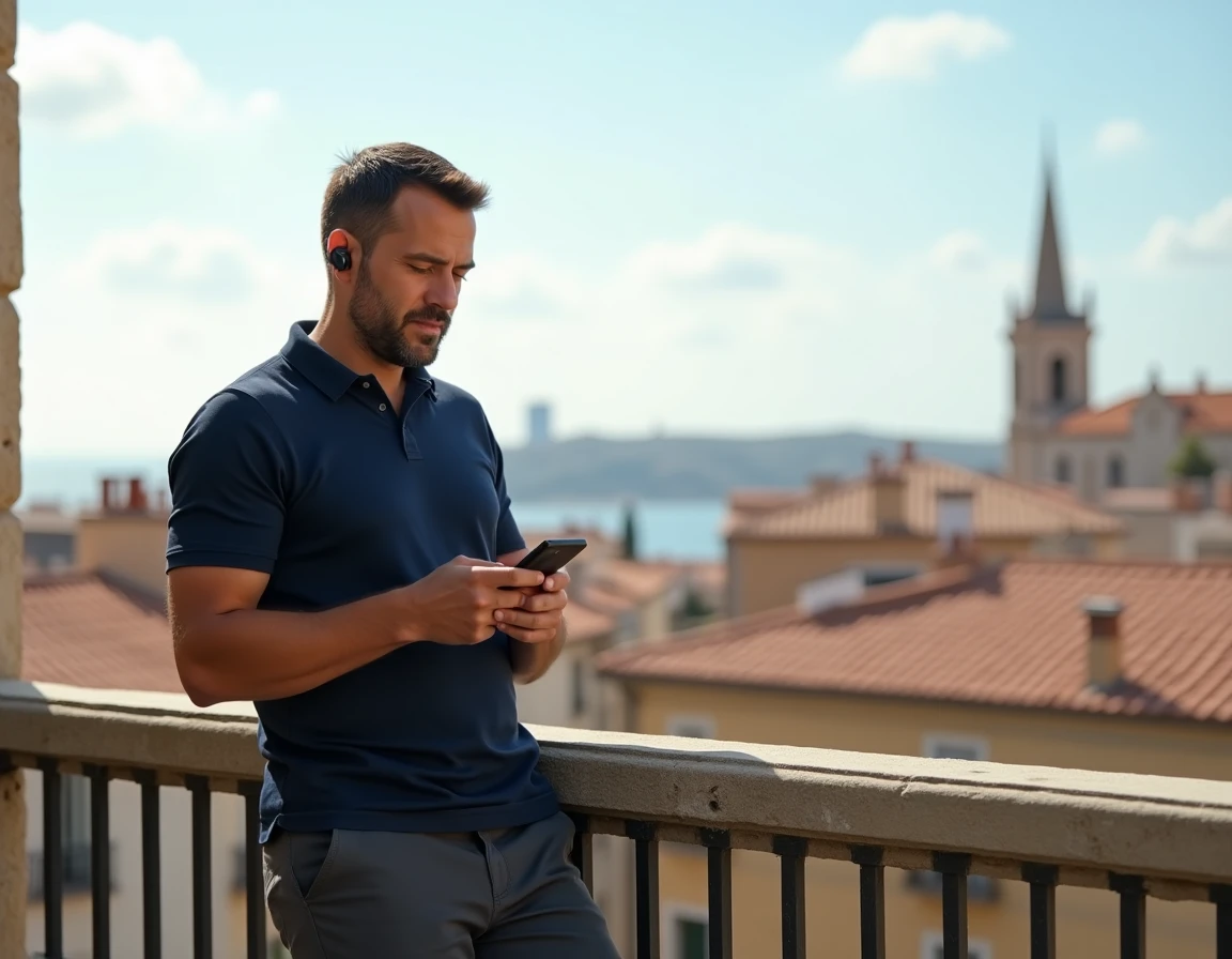 Homme écoutant la radio en streaming sur smartphone depuis un balcon avec vue sur les toits de Marseille
