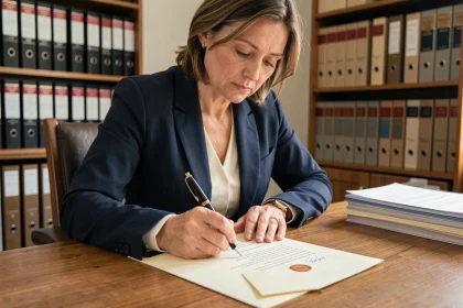 Femme rédigeant une lettre recommandée formelle à son bureau avec documents officiels et enveloppe cachetée