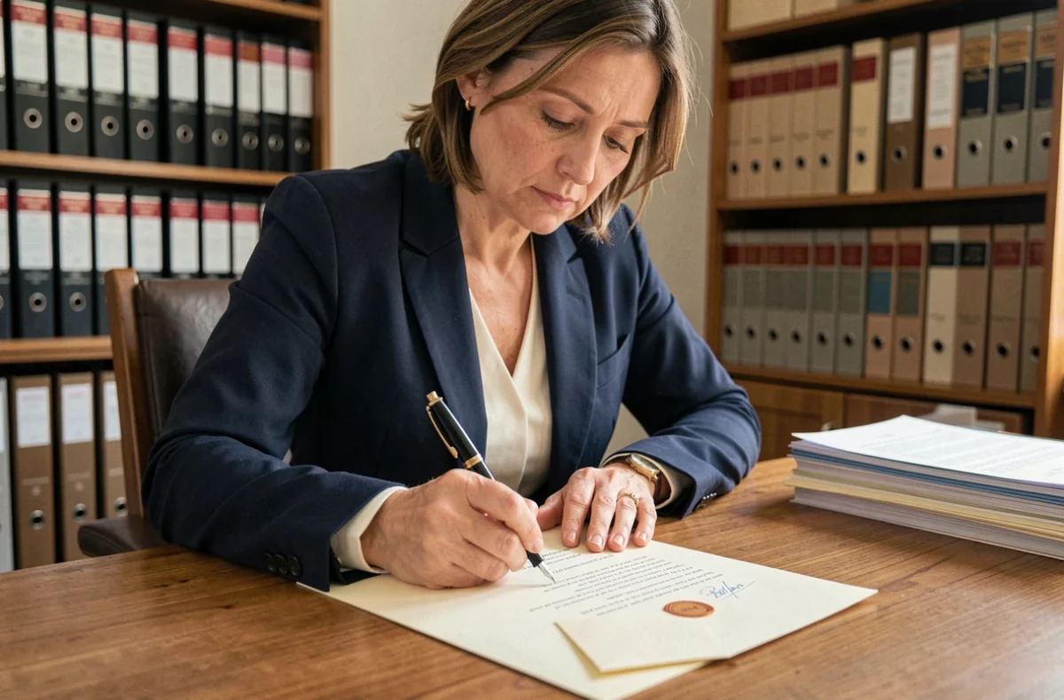 Femme rédigeant une lettre recommandée formelle à son bureau avec documents officiels et enveloppe cachetée