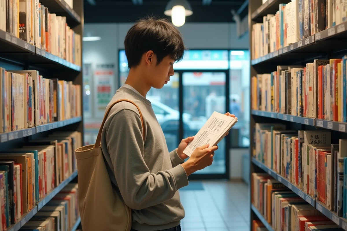Jeune homme examinant un manga original en japonais dans une librairie spécialisée, soulignant le respect du travail des auteurs