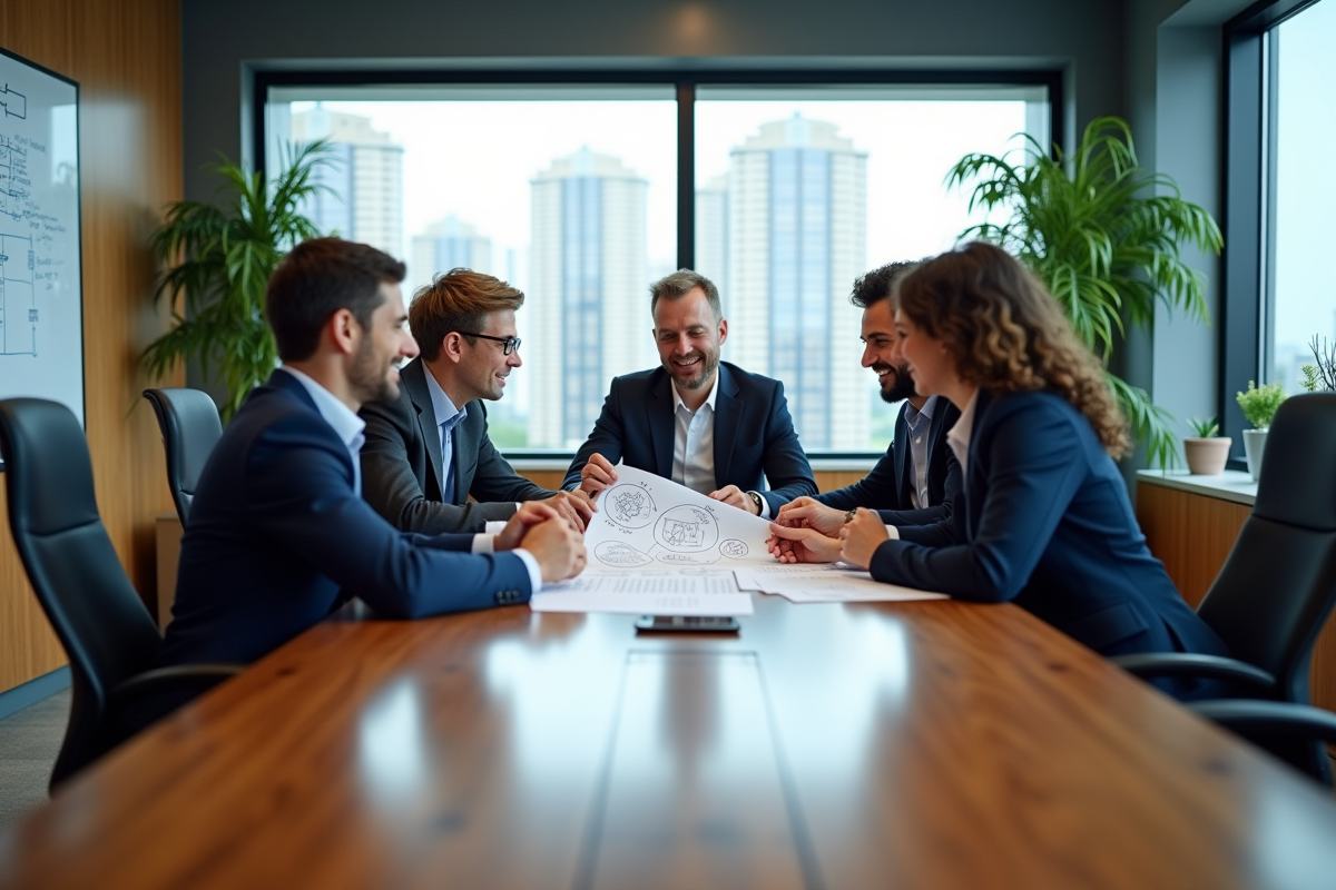 Groupe de collègues analysant un diagramme blockchain en réunion