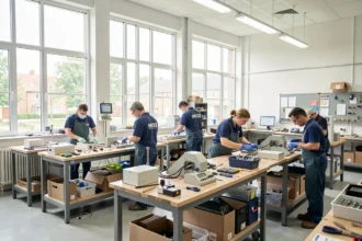 Salariés en atelier d'une entreprise adaptée autour d'un poste de travail