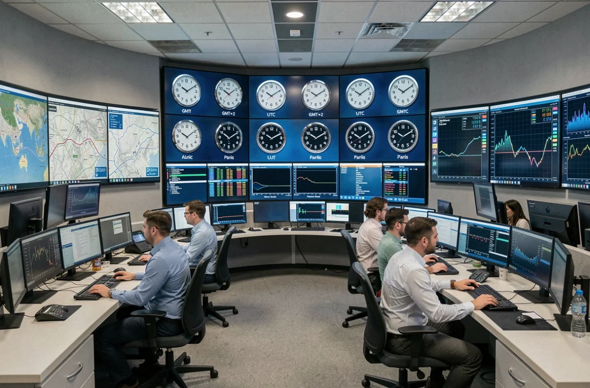 Salle de contrôle d'une chaîne d'information avec des horloges affichant GMT, UTC et GMT+2 en temps réel
