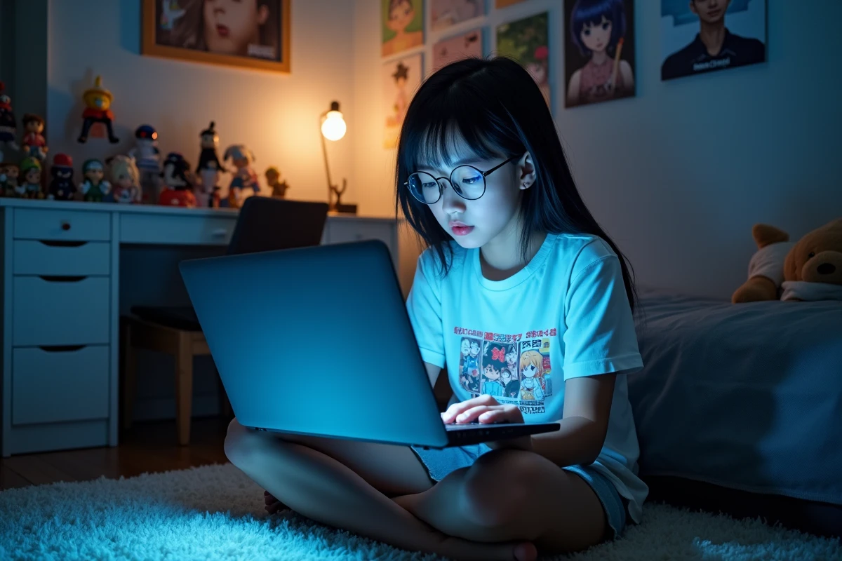 Adolescente lisant le scan de One Punch Man en version française sur un ordinateur portable dans sa chambre décorée d'affiches manga