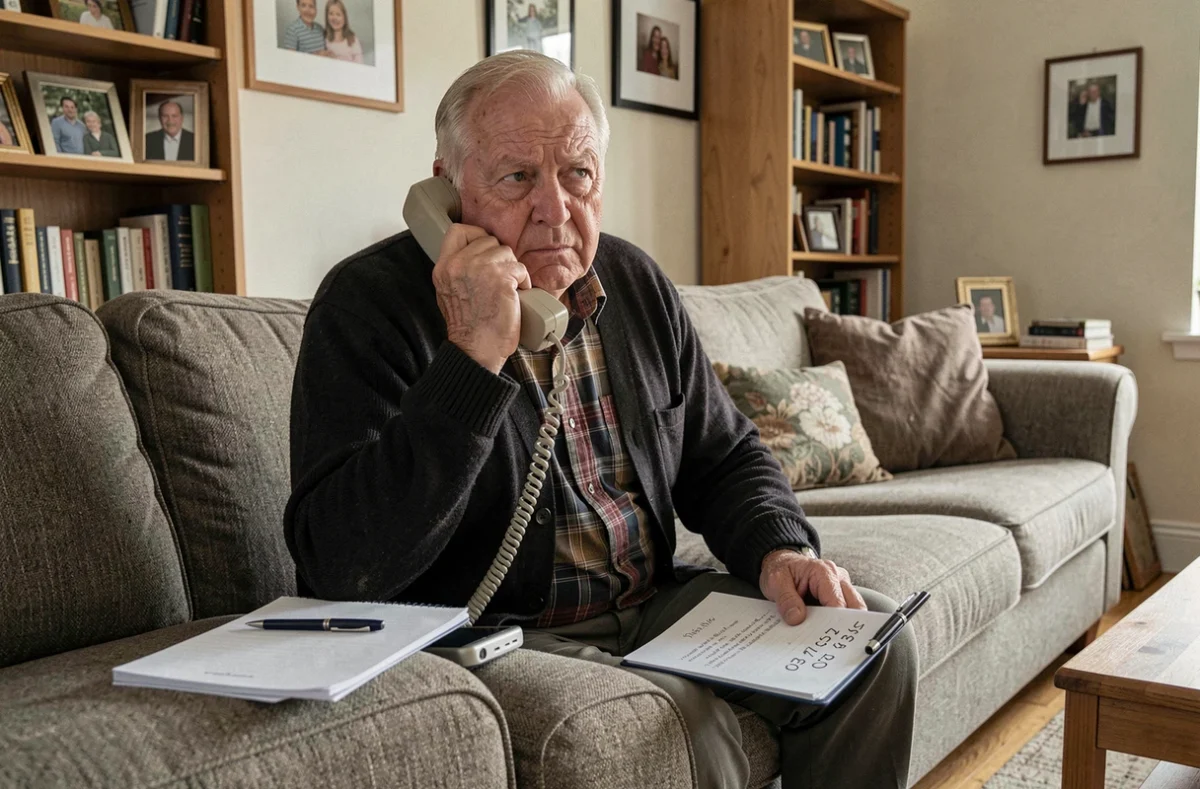 Senior assis dans son salon prenant note d'un numéro de téléphone 03 77 répétitif sur un bloc-notes