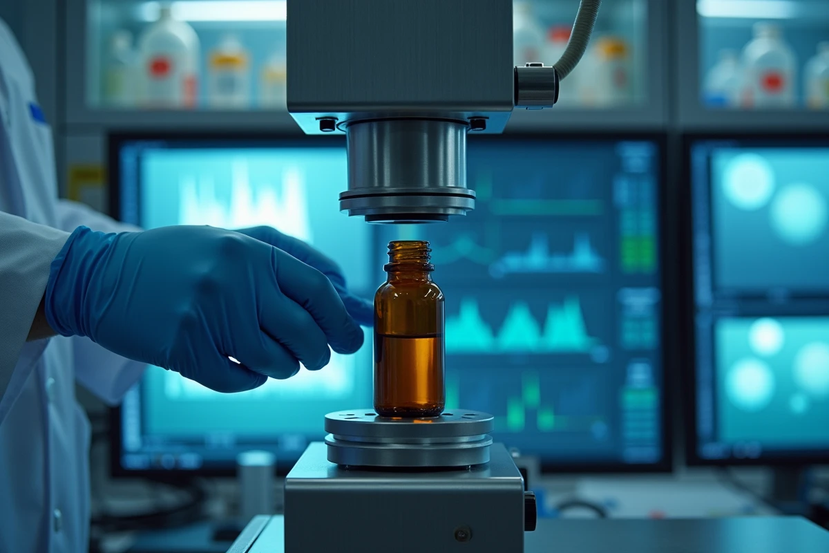 Chimiste plaçant un échantillon dans un spectromètre de masse pour la détection de traces de polluants en analyse environnementale