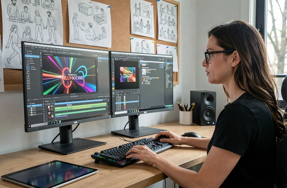 Motion designer de Stim Studio travaillant sur une animation et du motion design dans un studio à Lyon