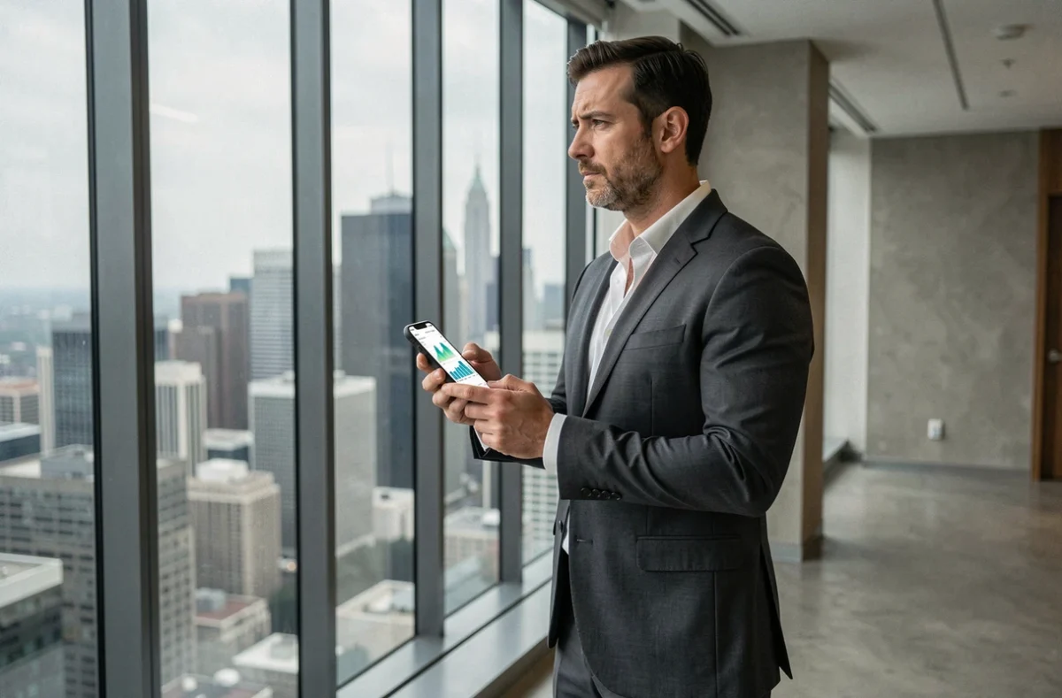 Homme d'affaires stratège face à la skyline urbaine tenant un smartphone avec des données en 2026