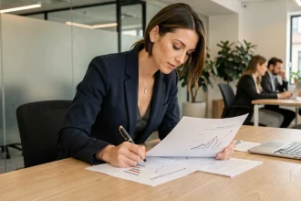 Professionnelle en blazer marine annotant des documents stratégiques dans un bureau moderne en 2026