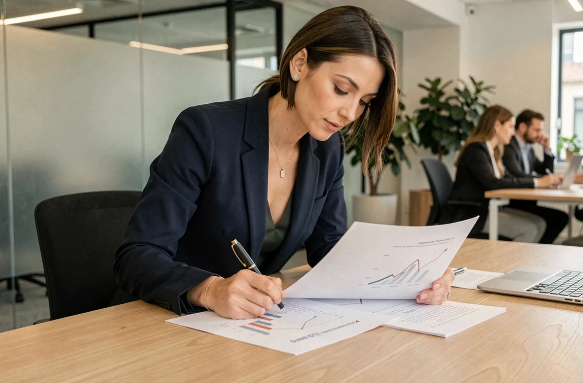 Professionnelle en blazer marine annotant des documents stratégiques dans un bureau moderne en 2026