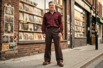 Homme en tenue style années 70 devant un magasin de disques vintage, pantalon patte d'éléphant et chemise col large