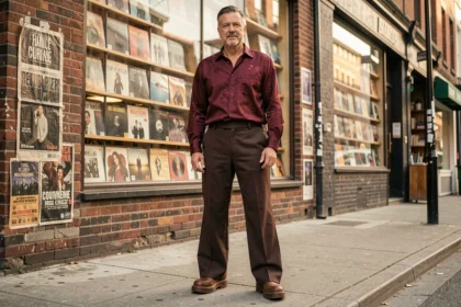 Homme en tenue style années 70 devant un magasin de disques vintage, pantalon patte d'éléphant et chemise col large