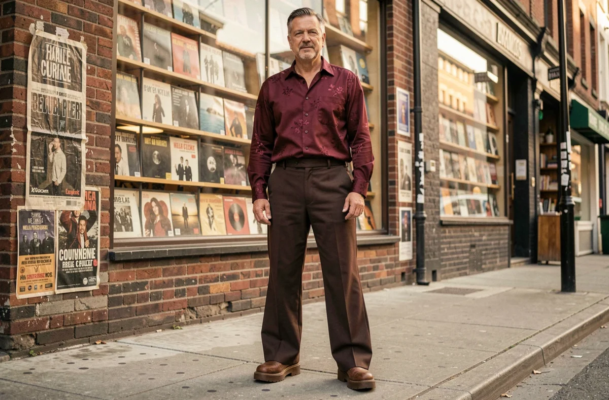 Homme en tenue style années 70 devant un magasin de disques vintage, pantalon patte d'éléphant et chemise col large