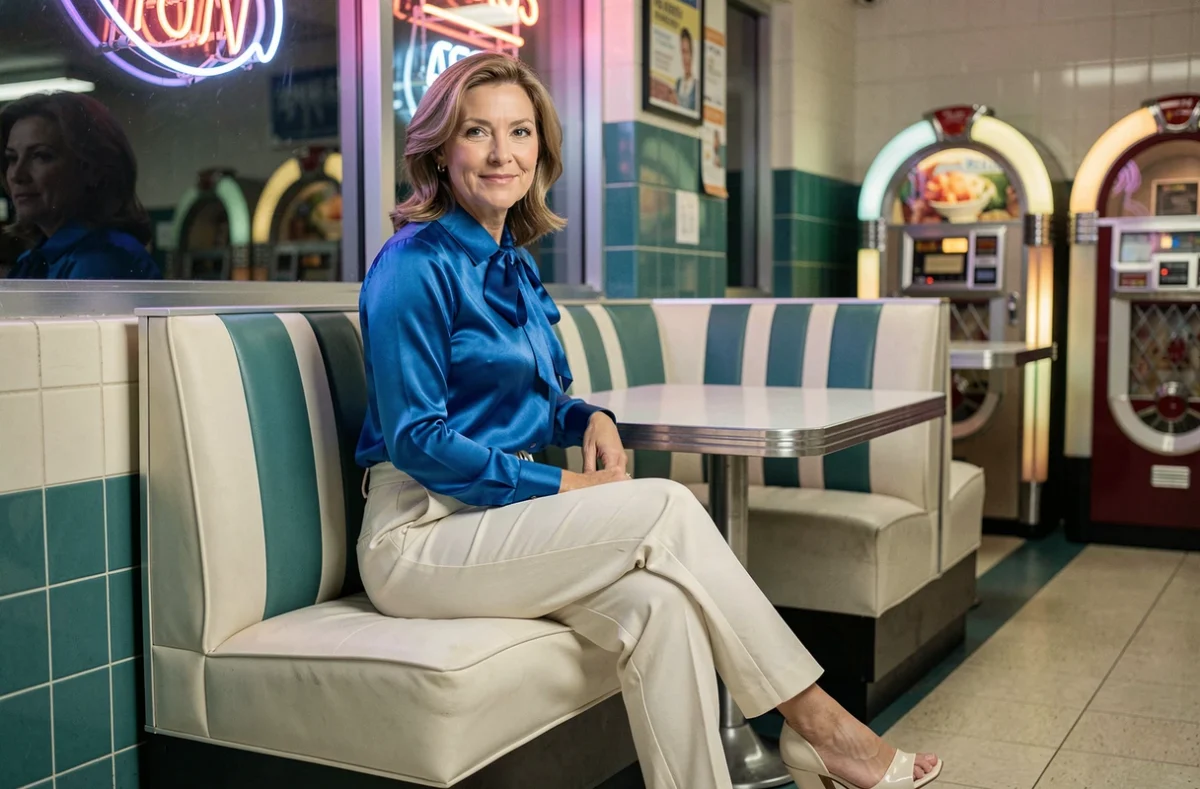 Femme en style années 80 dans un diner rétro, chemisier satiné bleu électrique et pantalon taille haute
