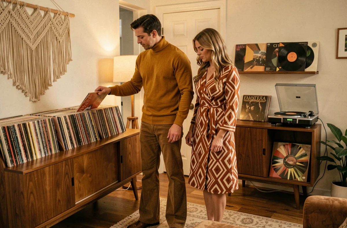Duo en tenues inspirées des années 70 feuilletant des vinyles dans un salon décoré rétro avec macramé et tourne-disque