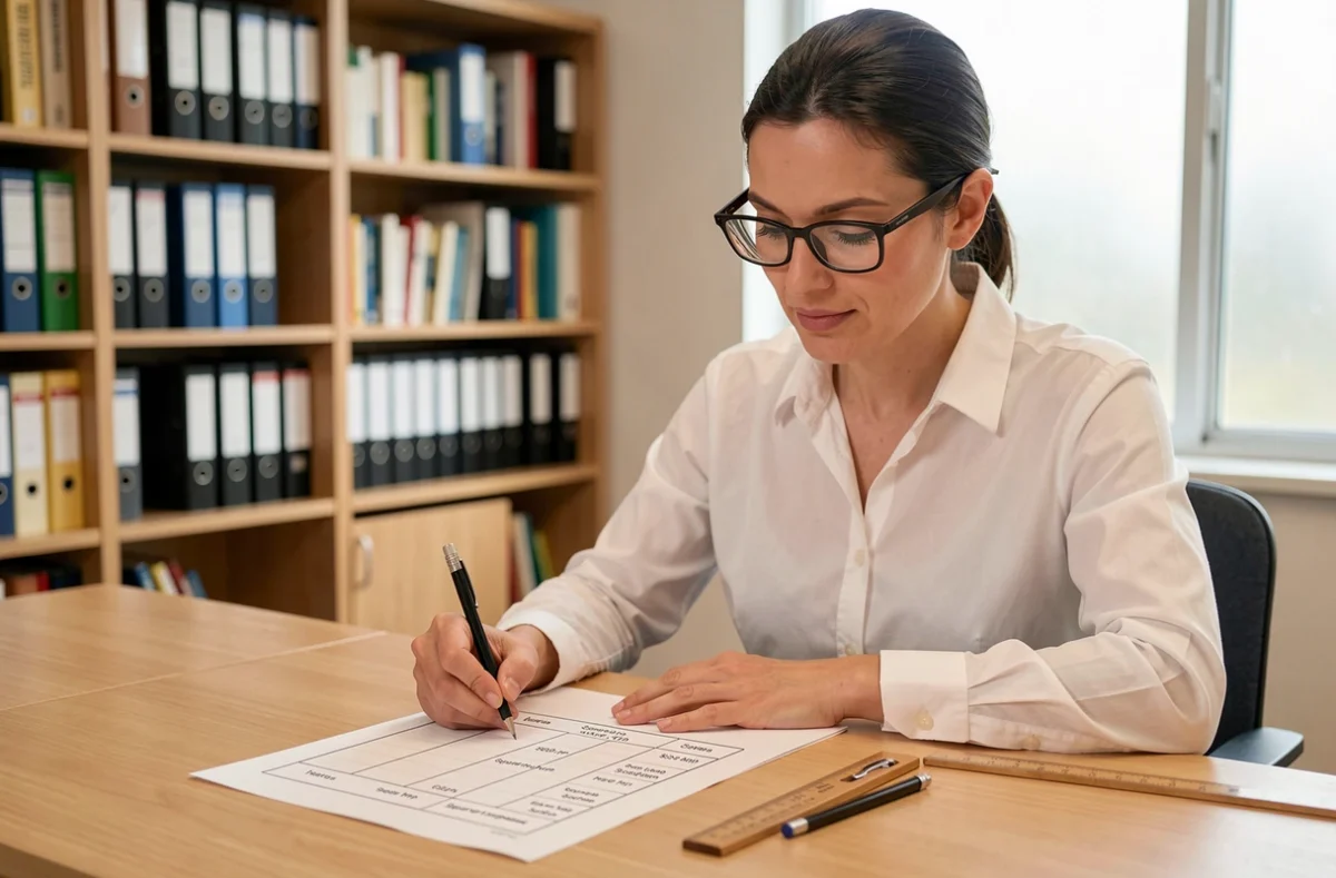 Femme consultant un tableau de conversion des unités de surface comme les hectares en mètres carrés dans un bureau administratif