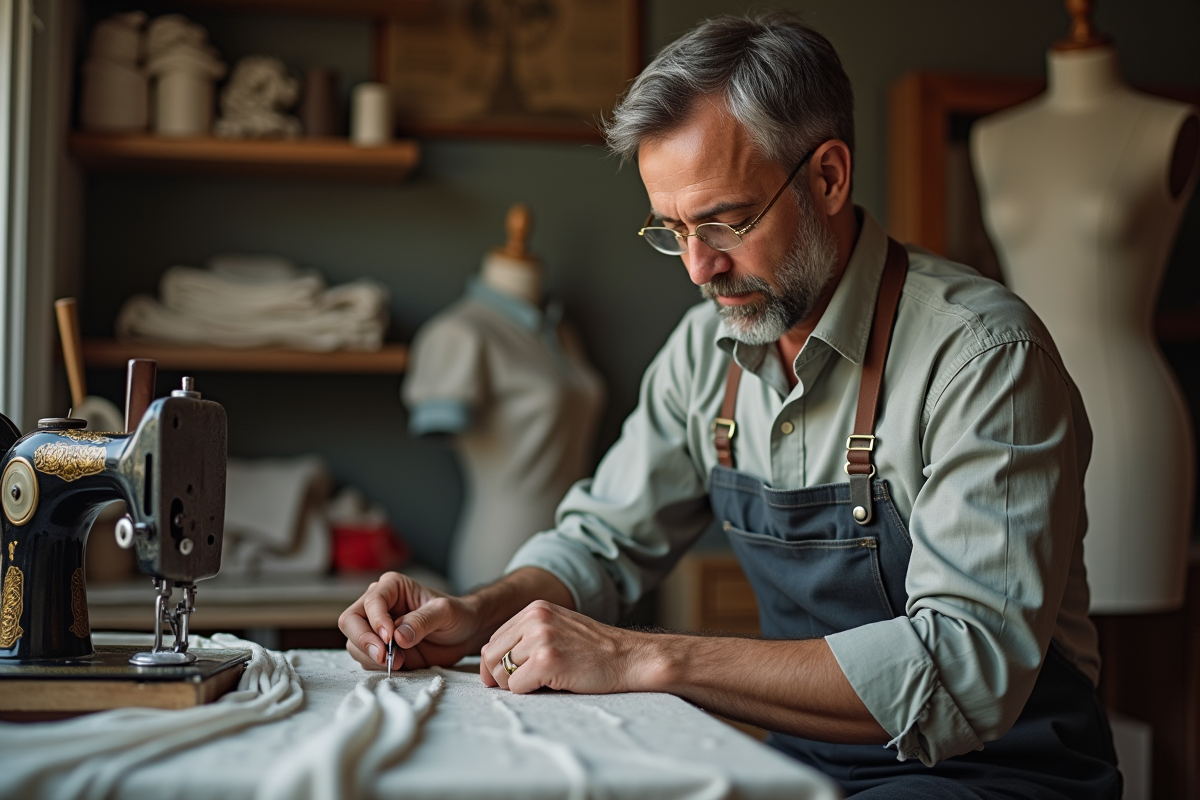 Tailleur expérimenté pinçant du tissu dans son atelier traditionnel