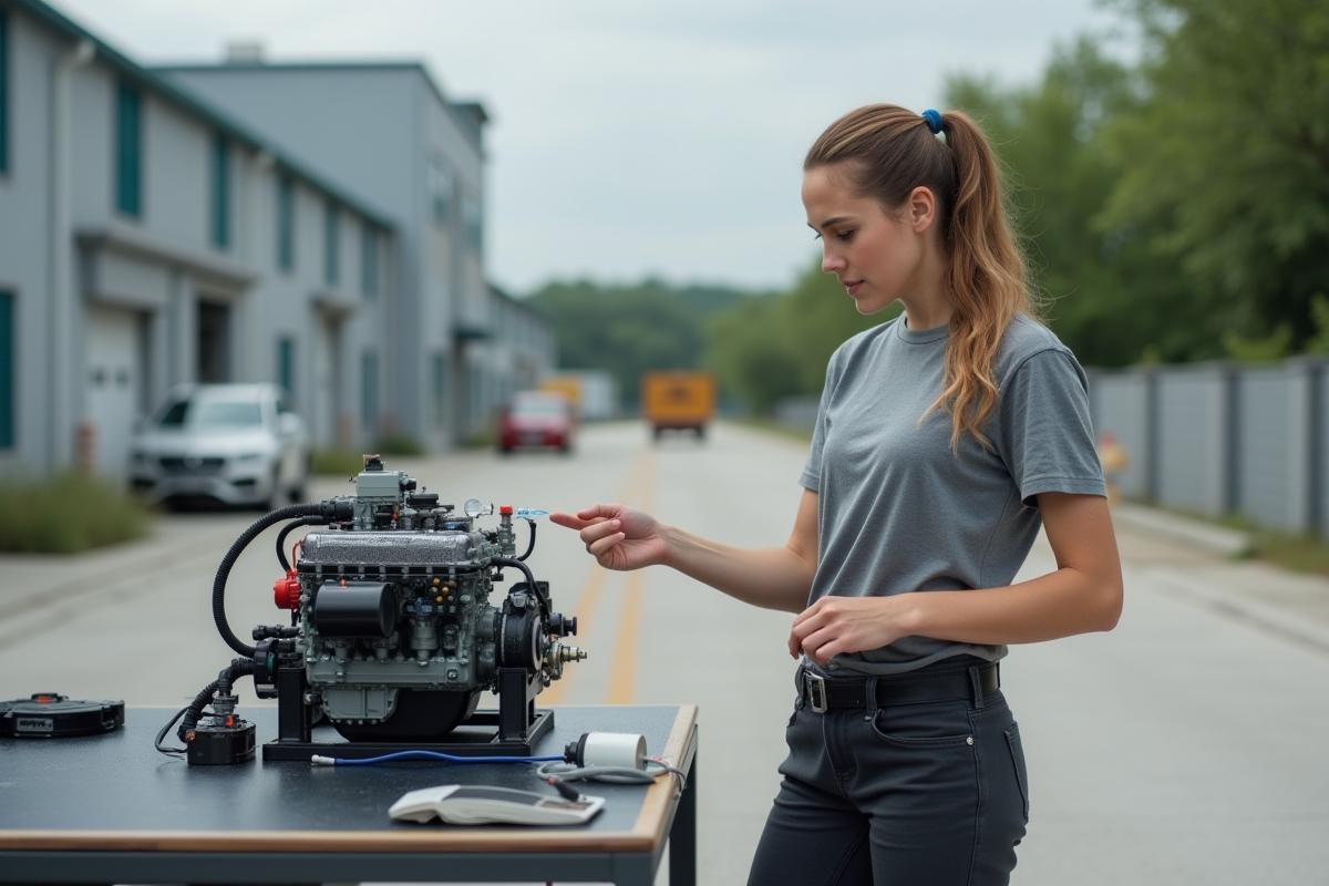 Jeune technicienne montre un modèle réduit de moteur à eau