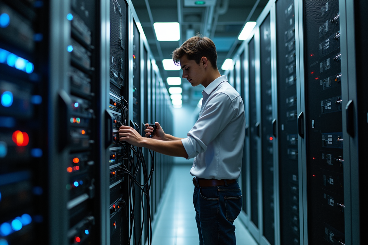 Jeune technicien connectant des câbles dans un centre serveur