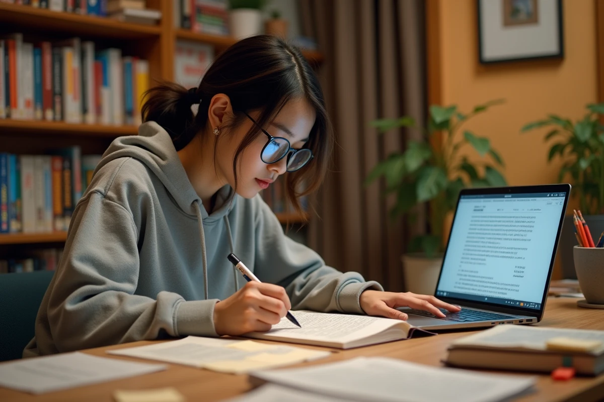 Jeune femme traduisant un manga japonais à son bureau, entourée de volumes et d'un dictionnaire, illustrant la passion de la scanlation