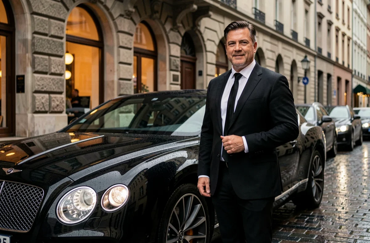 Chauffeur transportdeprestige en blazer noir devant une Bentley Continental noire à Strasbourg