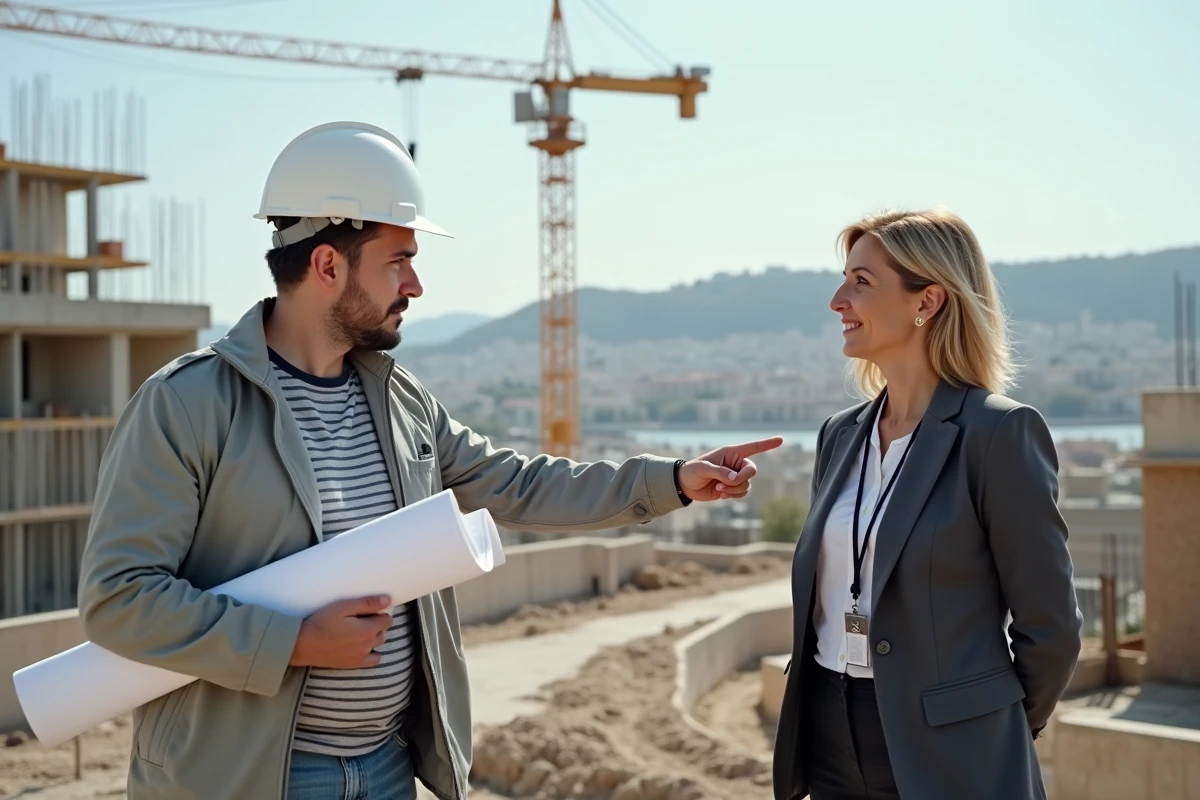 Urbaniste et élue locale discutant devant un chantier de construction dans les quartiers nords de Marseille