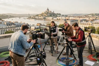 Équipe de vidéastes professionnels au travail sur un rooftop avec vue sur Lyon et la basilique de Fourvière