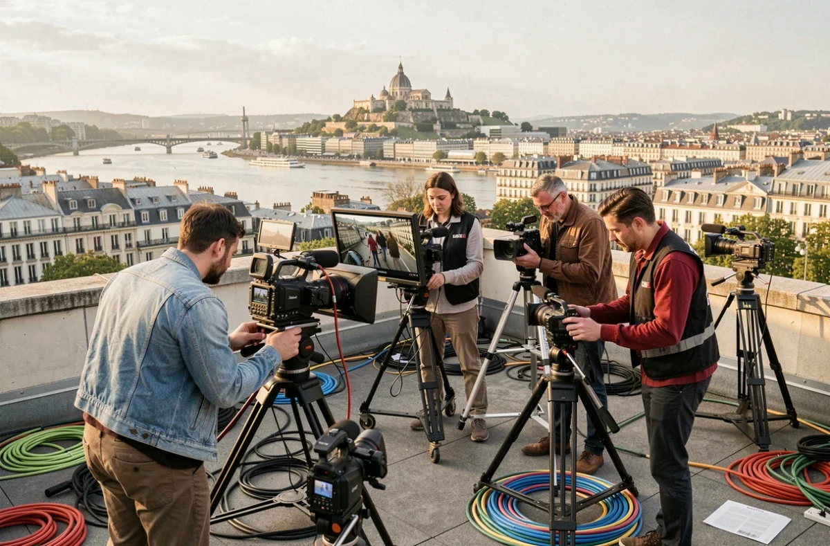 Équipe de vidéastes professionnels au travail sur un rooftop avec vue sur Lyon et la basilique de Fourvière