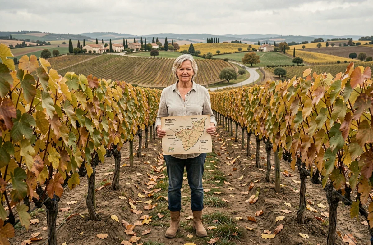 Vigneronne indépendante dans les vignes gasconnes avec une carte des producteurs d'Armagnac en automne