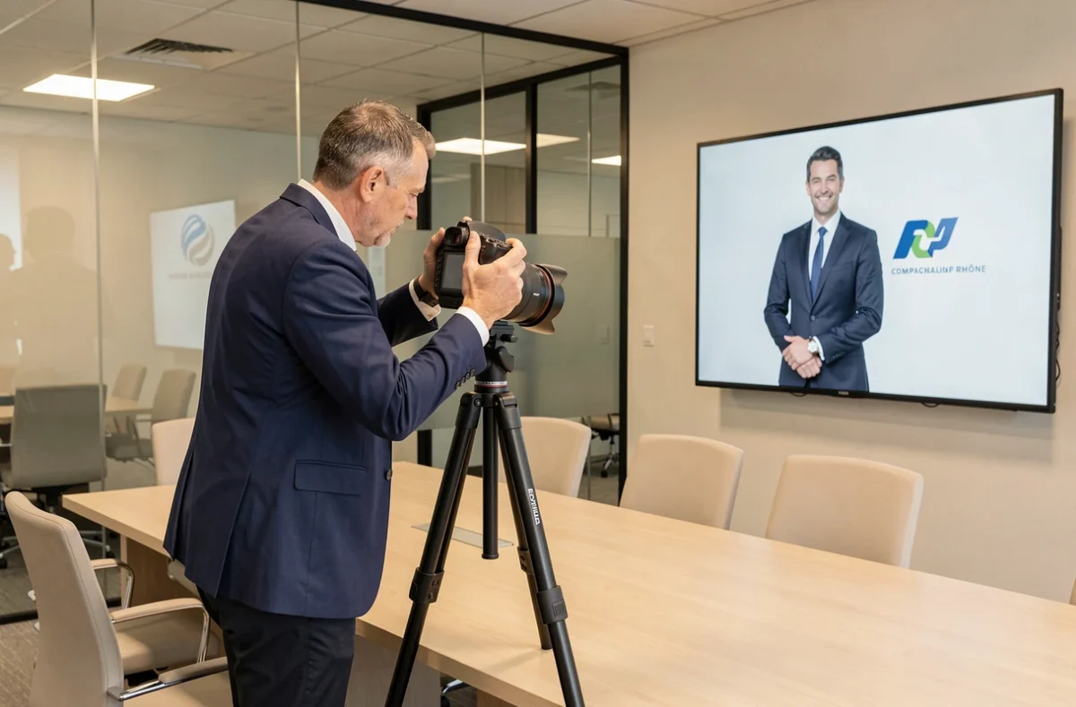 Pierre-Alain Mounier de Visuels et Photos installant sa caméra pour une prise de vue corporate dans le Rhône