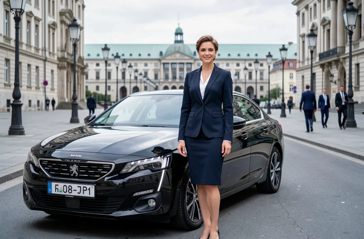 Chauffeuse VTC Strasbourgeoise en blazer marine devant une Peugeot 508 noire près du Parlement européen à Strasbourg