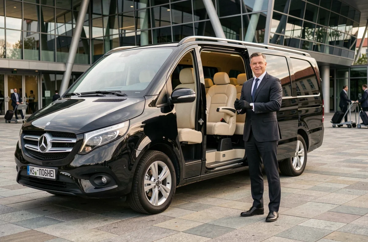Chauffeur VTC Van Strasbourg en costume sombre devant un Mercedes-Benz V-Class noir avec intérieur cuir crème ouvert devant un centre de congrès à Strasbourg