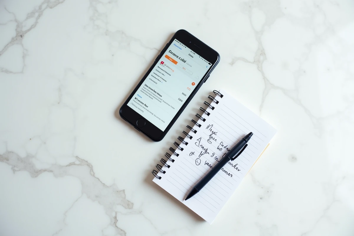 Vue aérienne d'un smartphone affichant une application de recherche inversée de numéro posé sur un bureau en marbre avec un carnet de notes